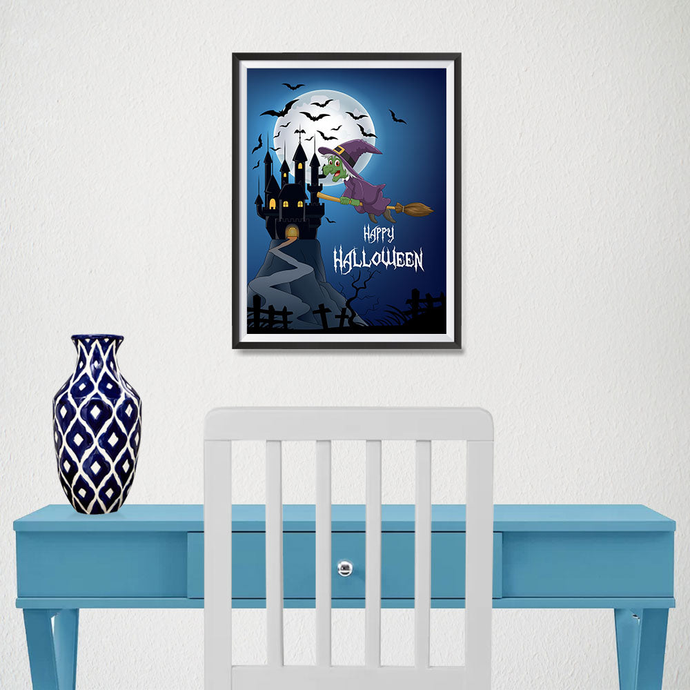Ezposterprints - Green Witch Flying Back to Castle Halloween Poster - 12x16 ambiance display photo sample