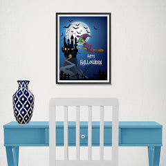 Ezposterprints - Green Witch Flying Back to Castle Halloween Poster - 12x16 ambiance display photo sample