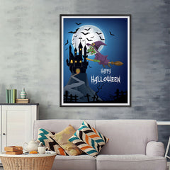 Ezposterprints - Green Witch Flying Back to Castle Halloween Poster - 36x48 ambiance display photo sample