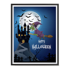 Ezposterprints - Green Witch Flying Back to Castle Halloween Poster ambiance display photo sample