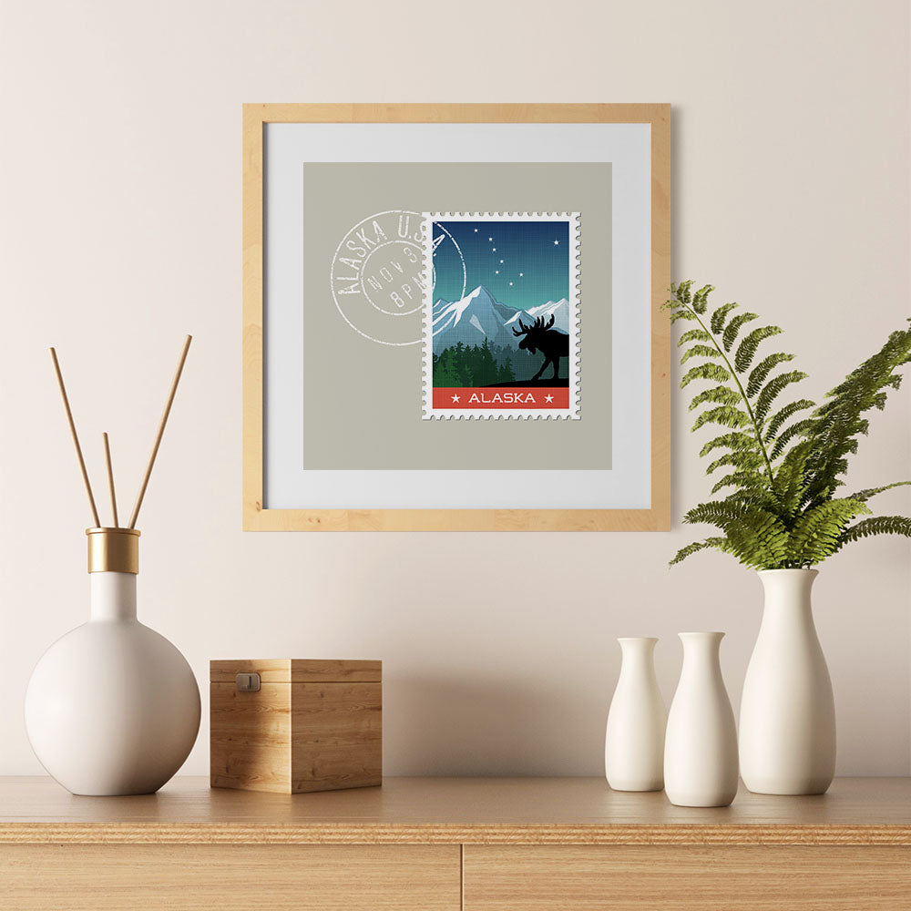 Ezposterprints - ALASKA - Retro USA State Stamp Posters Collection - 12x12 ambiance display photo sample