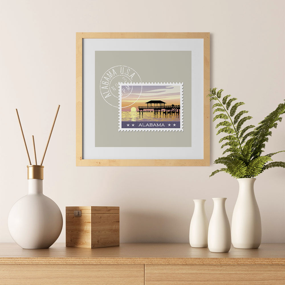 Ezposterprints - ALABAMA - Retro USA State Stamp Posters Collection - 12x12 ambiance display photo sample