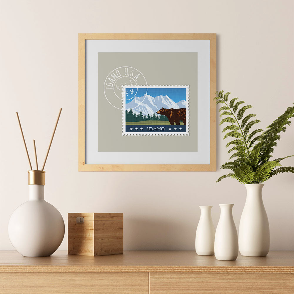 Ezposterprints - IDAHO - Retro USA State Stamp Posters Collection - 12x12 ambiance display photo sample