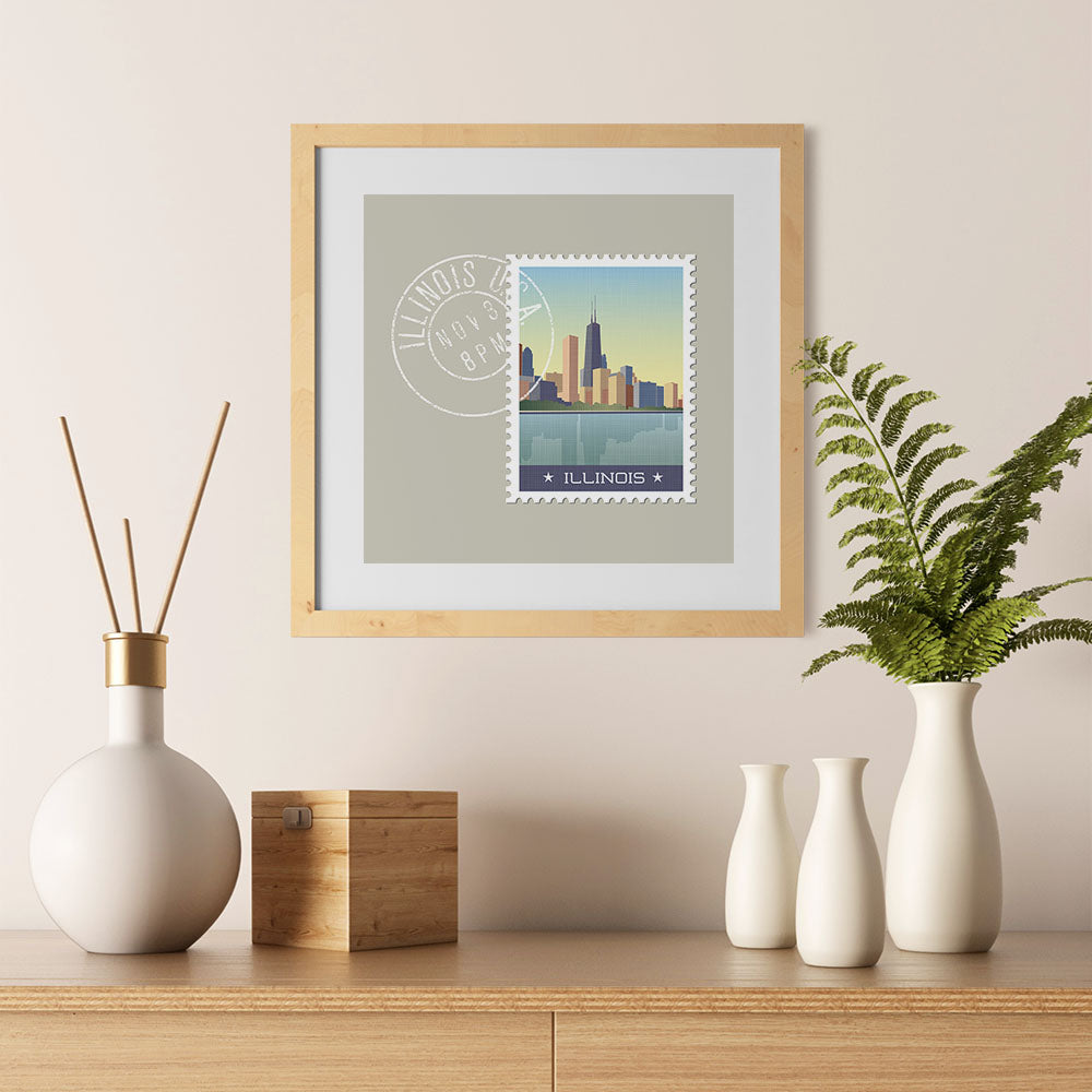 Ezposterprints - ILLINOIS - Retro USA State Stamp Posters Collection - 12x12 ambiance display photo sample