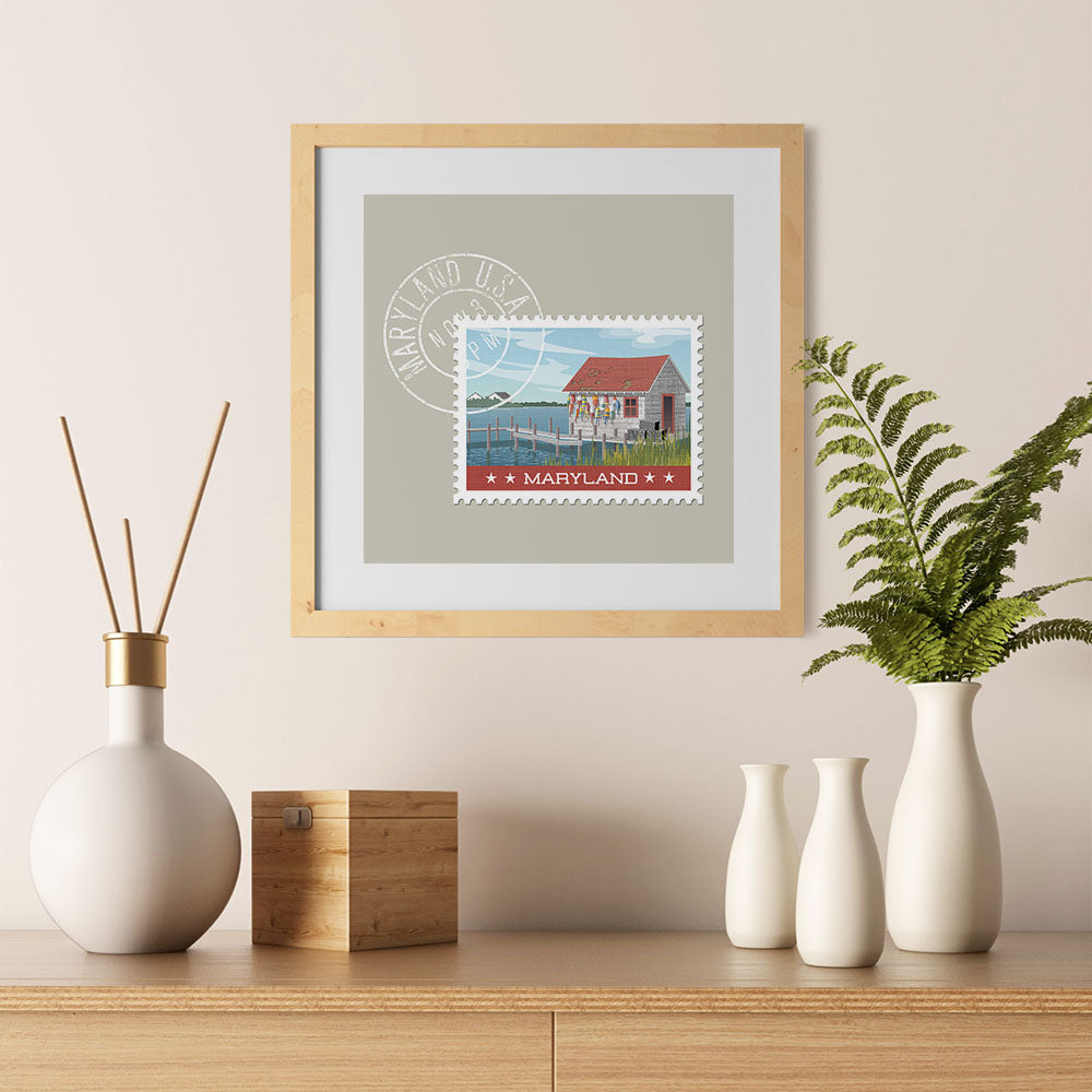 Ezposterprints - MARYLAND - Retro USA State Stamp Posters Collection - 12x12 ambiance display photo sample