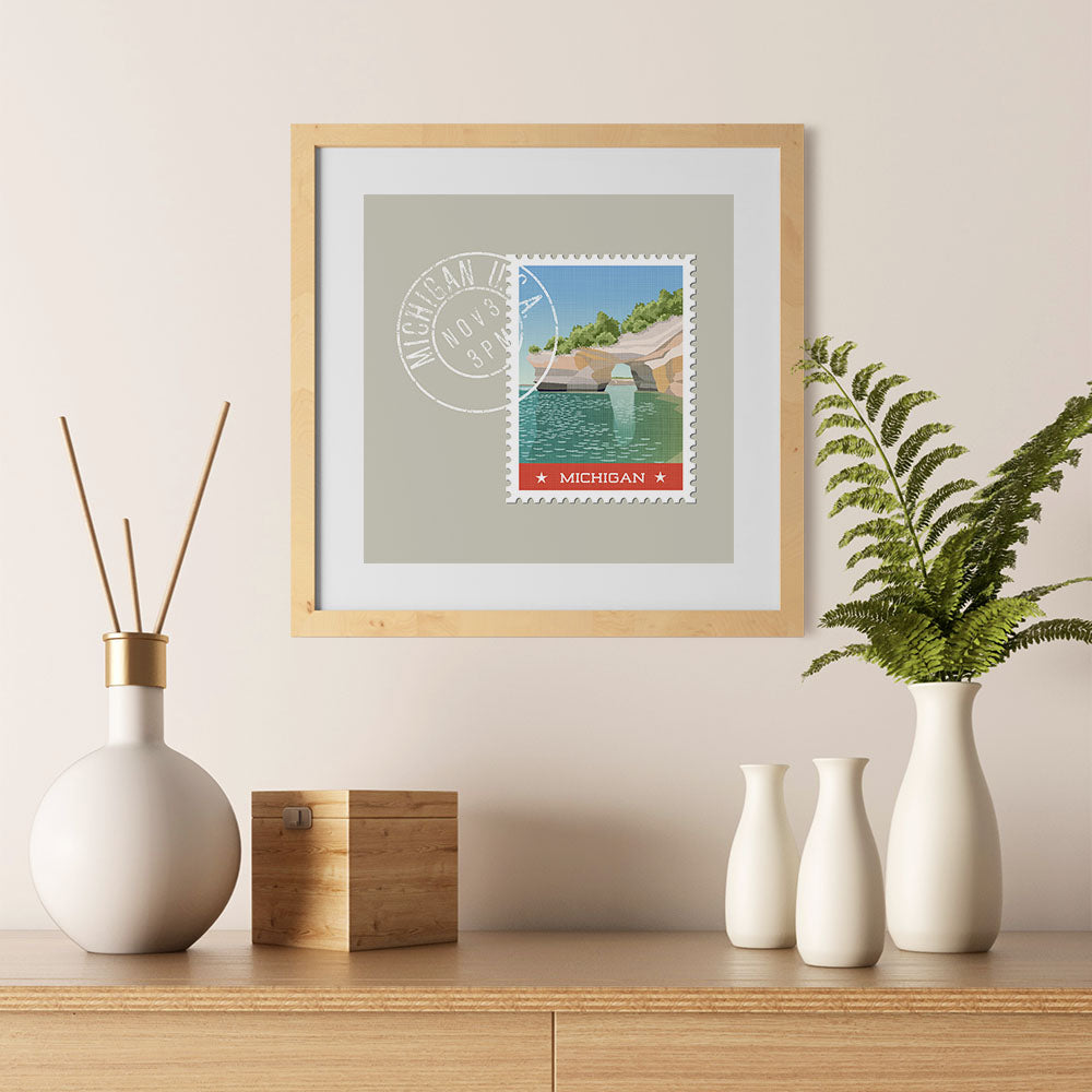 Ezposterprints - MICHIGAN - Retro USA State Stamp Posters Collection - 12x12 ambiance display photo sample