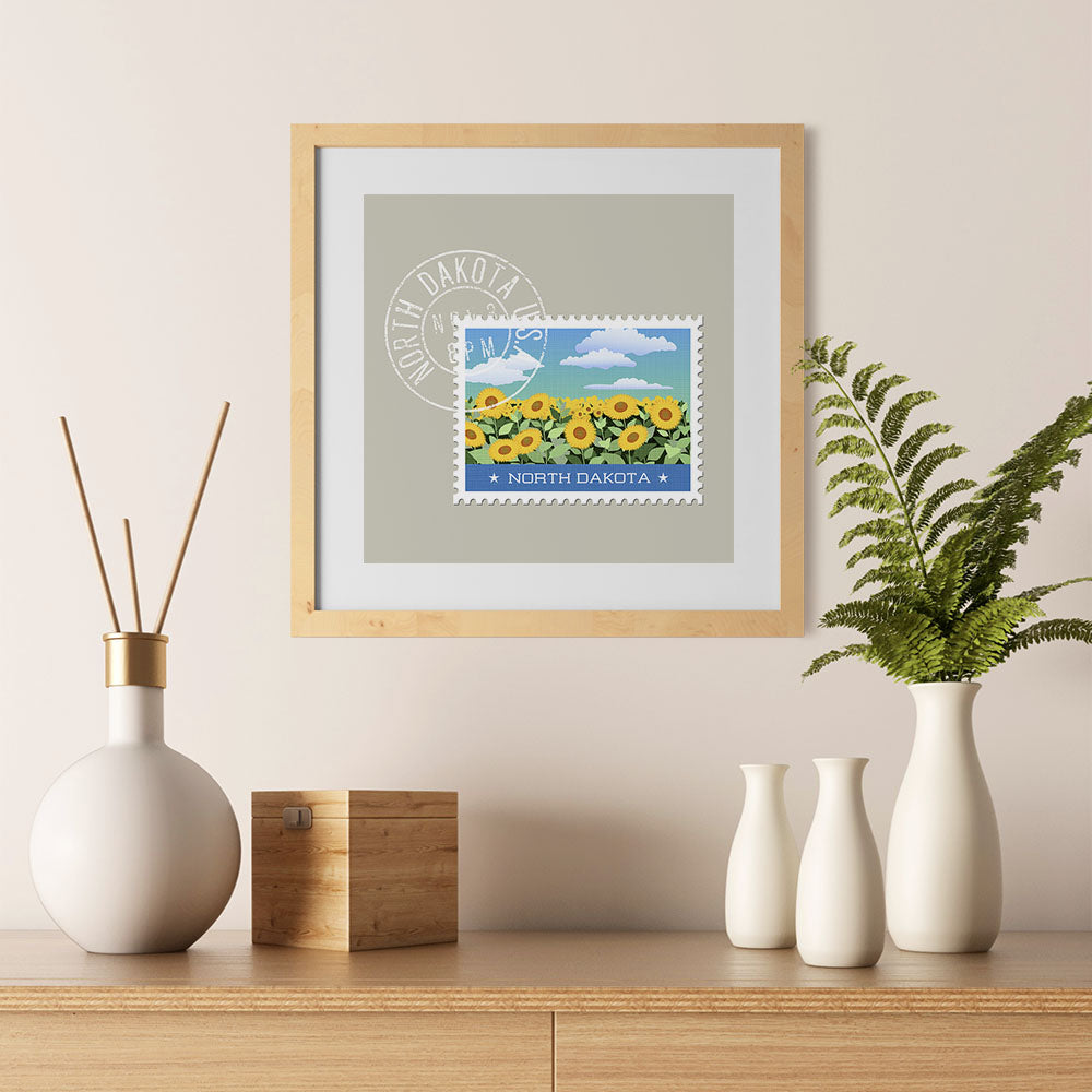 Ezposterprints - NORTH DAKOTA - Retro USA State Stamp Posters Collection - 12x12 ambiance display photo sample