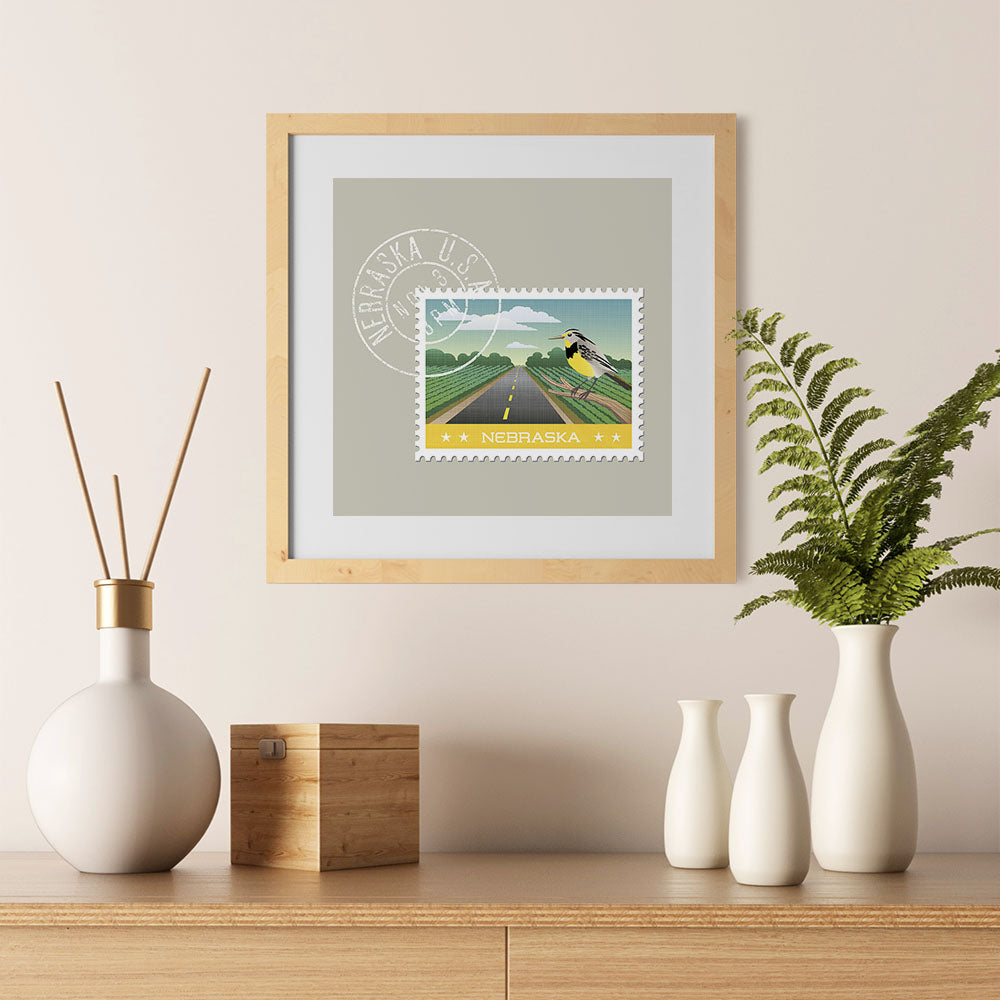 Ezposterprints - NEBRASKA - Retro USA State Stamp Posters Collection - 12x12 ambiance display photo sample