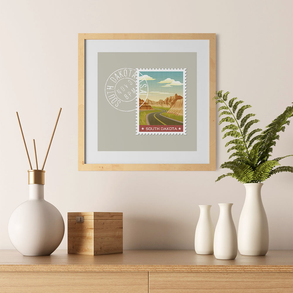 Ezposterprints - SOUTH DAKOTA - Retro USA State Stamp Posters Collection - 12x12 ambiance display photo sample