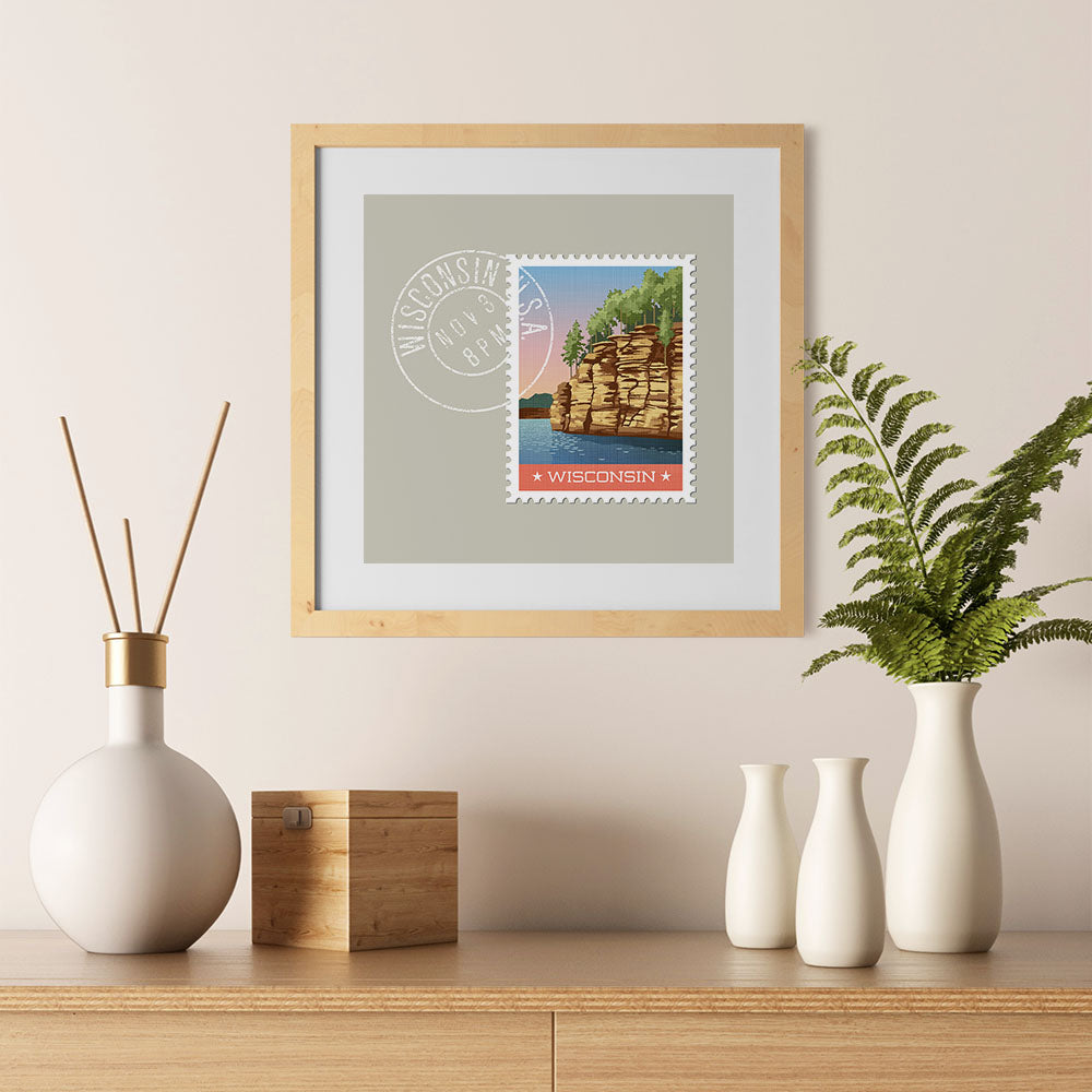 Ezposterprints - WISCONSIN - Retro USA State Stamp Posters Collection - 12x12 ambiance display photo sample
