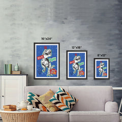 Ezposterprints - The Brave Racer T-Rex - Blue | Dinosaurs Jurassic Games ambiance display photo sample