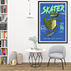 Ezposterprints - Cool 86 T-Rex Skater - Blue | Dinosaurs Jurassic Games - 32x48 ambiance display photo sample