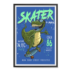 Ezposterprints - Cool 86 T-Rex Skater - Blue | Dinosaurs Jurassic Games ambiance display photo sample