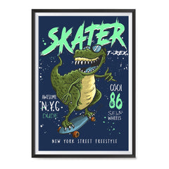 Ezposterprints - Cool 86 T-Rex Skater - Navy | Dinosaurs Jurassic Games ambiance display photo sample