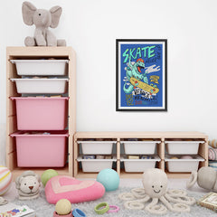 Ezposterprints - Skate & Never Give Up T-Rex - Blue | Dinosaurs Jurassic Games - 16x24 ambiance display photo sample