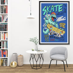 Ezposterprints - Skate & Never Give Up T-Rex - Blue | Dinosaurs Jurassic Games - 32x48 ambiance display photo sample