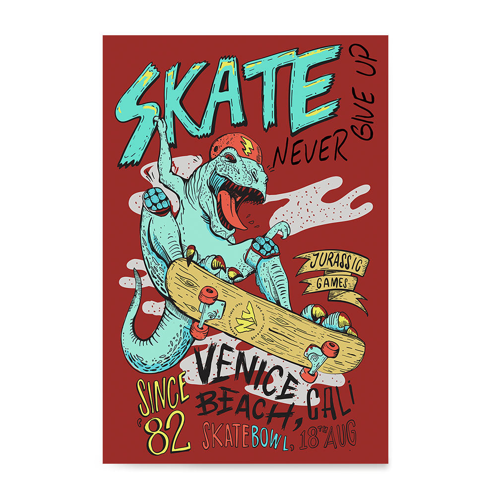 Ezposterprints - Skate & Never Give Up T-Rex - Red | Dinosaurs Jurassic Games