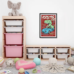 Ezposterprints - Super Car & Monster Racer T-Rex - Red | Dinosaurs Jurassic Games - 16x24 ambiance display photo sample
