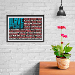 Ezposterprints - I Love My Country Flag of USA with State Names on Blue and Red - 12x08 ambiance display photo sample