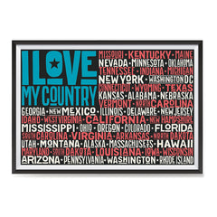 Ezposterprints - I Love My Country Flag of USA with State Names on Blue and Red ambiance display photo sample