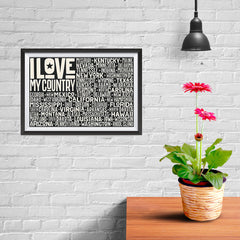 Ezposterprints - I Love My Country Flag of USA with State Names on Black - 12x08 ambiance display photo sample