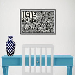 Ezposterprints - I Love My Country Flag of USA with State Names on Black - 18x12 ambiance display photo sample
