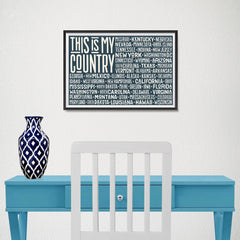 Ezposterprints - This is My Country Flag of The US with State Names on Dark Grey - 18x12 ambiance display photo sample