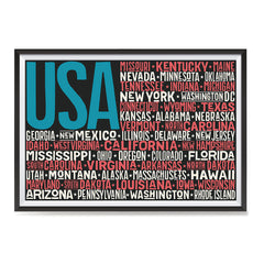 Ezposterprints - USA Text Flag of The US with State Names on Black And Red ambiance display photo sample