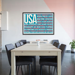 Ezposterprints - USA Text Flag of The US with State Names on Blue and Red - 48x32 ambiance display photo sample