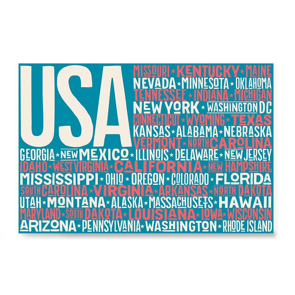 Ezposterprints - USA Text Flag of The US with State Names on Blue and Red