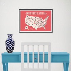 Ezposterprints - The United States of America States Map in Red and White - 18x12 ambiance display photo sample