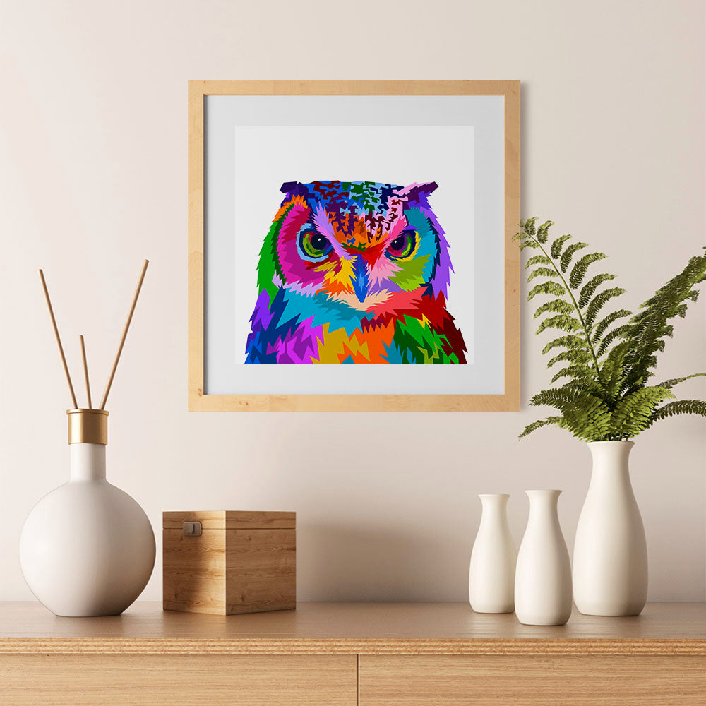Ezposterprints - Owl | Cubism Pop Art Design Colorful Animals - 12x12 ambiance display photo sample