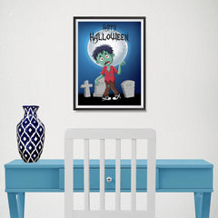 Ezposterprints - Zombie Boy Under The Moon Halloween Poster - 12x16 ambiance display photo sample