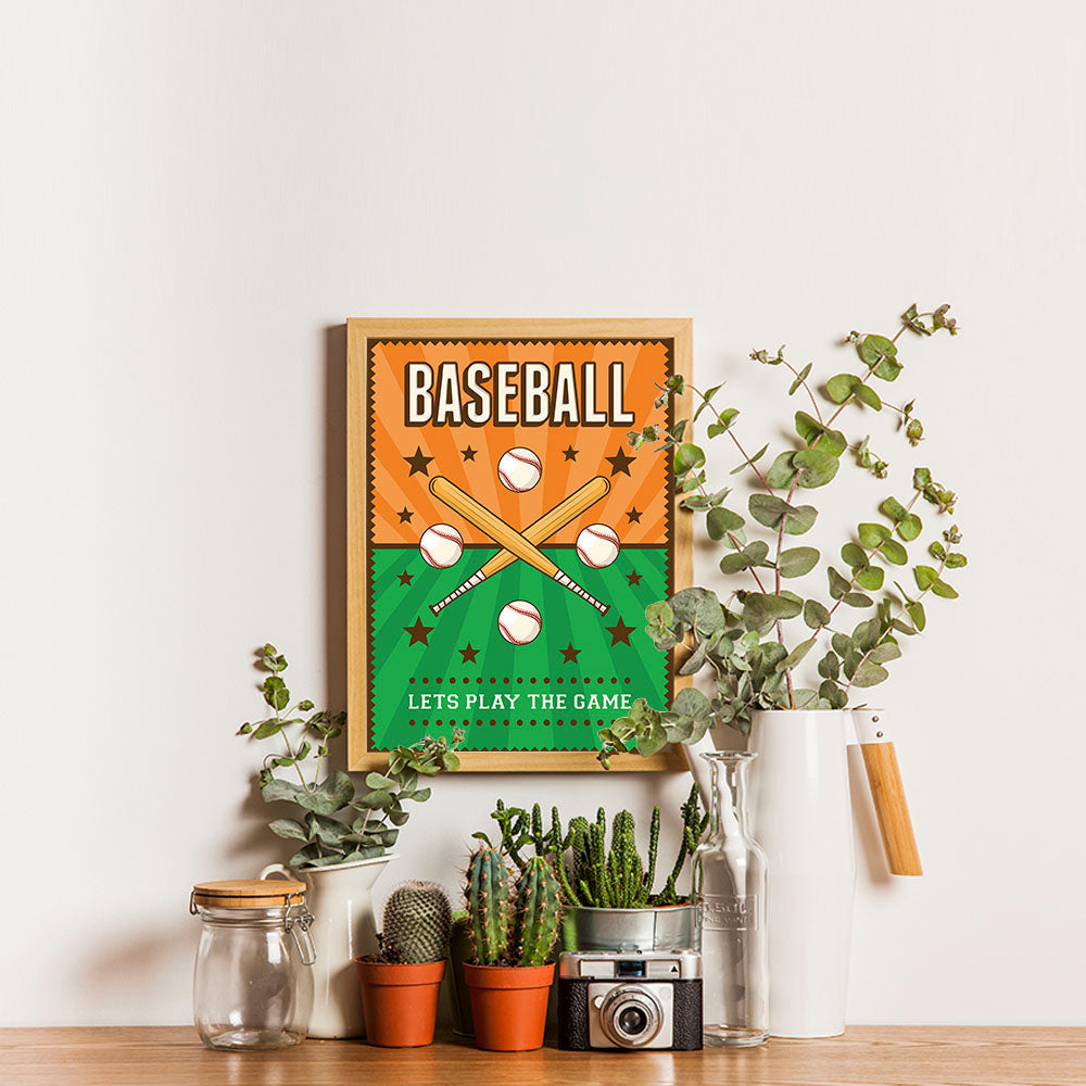 Ezposterprints - Bats Green Orange | Retro Sports Series BASEBALL Posters - 12x16 ambiance display photo sample