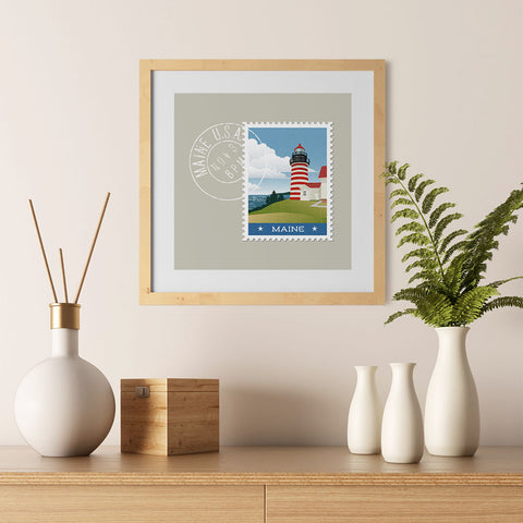 Ezposterprints - MAINE - Retro USA State Stamp Posters Collection - 12x12 ambiance display photo sample