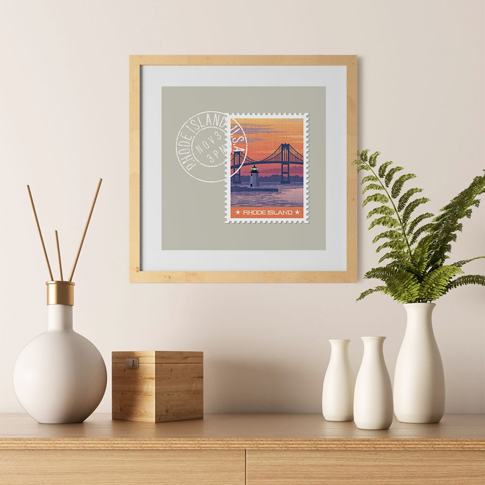 Ezposterprints - RHODE ISLAND - Retro USA State Stamp Posters Collection - 12x12 ambiance display photo sample