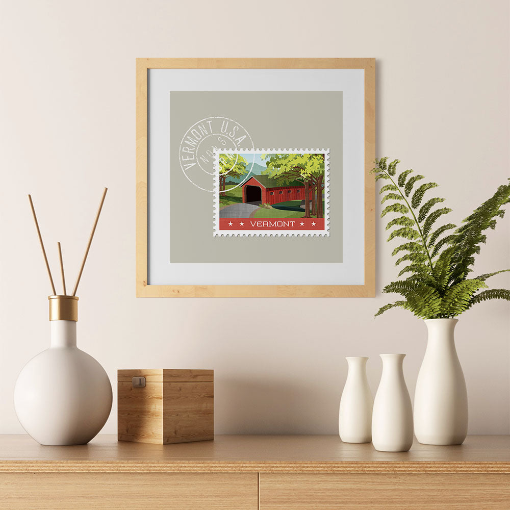 Ezposterprints - VERMONT - Retro USA State Stamp Posters Collection - 12x12 ambiance display photo sample