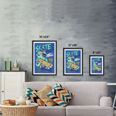 Ezposterprints - Skate & Never Give Up T-Rex - Blue | Dinosaurs Jurassic Games ambiance display photo sample