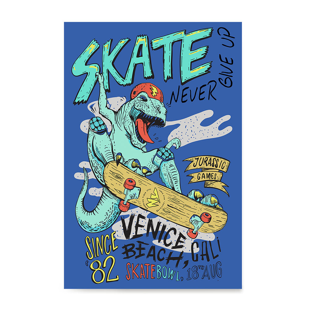 Ezposterprints - Skate & Never Give Up T-Rex - Blue | Dinosaurs Jurassic Games