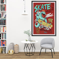 Ezposterprints - Skate & Never Give Up T-Rex - Red | Dinosaurs Jurassic Games - 32x48 ambiance display photo sample
