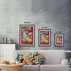 Ezposterprints - Skate & Never Give Up T-Rex - Red | Dinosaurs Jurassic Games ambiance display photo sample