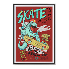 Ezposterprints - Skate & Never Give Up T-Rex - Red | Dinosaurs Jurassic Games ambiance display photo sample