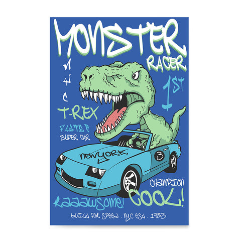 Ezposterprints - Super Car & Monster Racer T-Rex | Dinosaurs Jurassic Games
