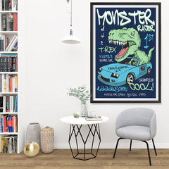 Ezposterprints - Super Car & Monster Racer T-Rex - Navy | Dinosaurs Jurassic Games - 32x48 ambiance display photo sample