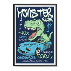 Ezposterprints - Super Car & Monster Racer T-Rex - Navy | Dinosaurs Jurassic Games ambiance display photo sample