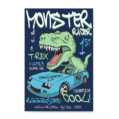Ezposterprints - Super Car & Monster Racer T-Rex - Navy | Dinosaurs Jurassic Games
