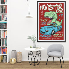 Ezposterprints - Super Car & Monster Racer T-Rex - Red | Dinosaurs Jurassic Games - 32x48 ambiance display photo sample