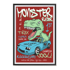 Ezposterprints - Super Car & Monster Racer T-Rex - Red | Dinosaurs Jurassic Games ambiance display photo sample