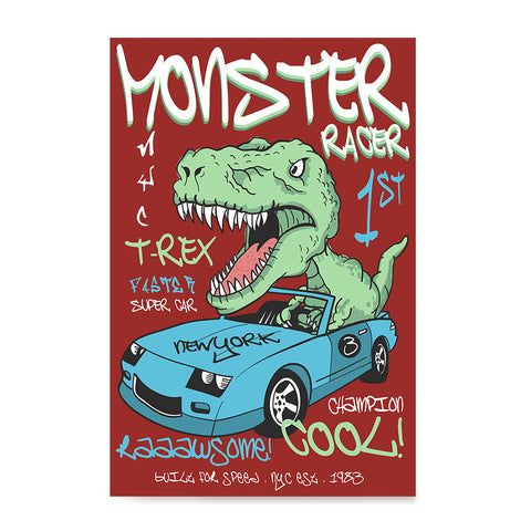 Ezposterprints - Super Car & Monster Racer T-Rex - Red | Dinosaurs Jurassic Games