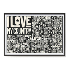 Ezposterprints - I Love My Country Flag of USA with State Names on Black ambiance display photo sample